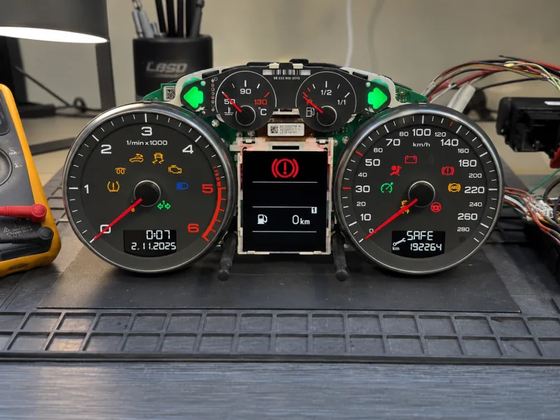 Kombiinstrument på testbänk med aktiv display och varningslampor